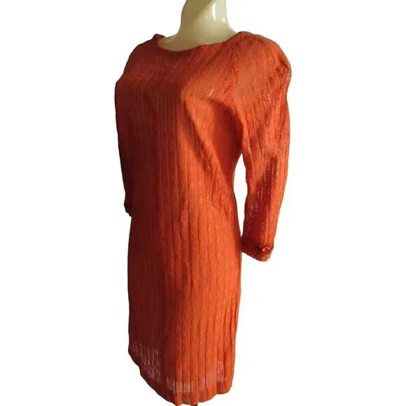 Vintage Women's Dress 6/8 1960's Mesh/Lace Burnt Orange Handmade Shift Mod